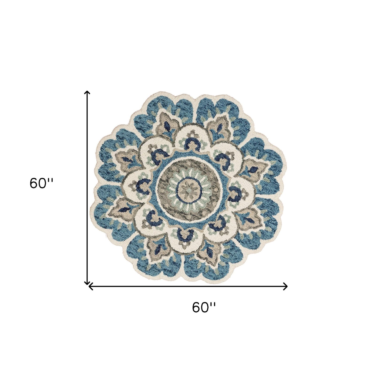 5′ Blue and Ivory Floral Hand Tufted Wool Round Rug
