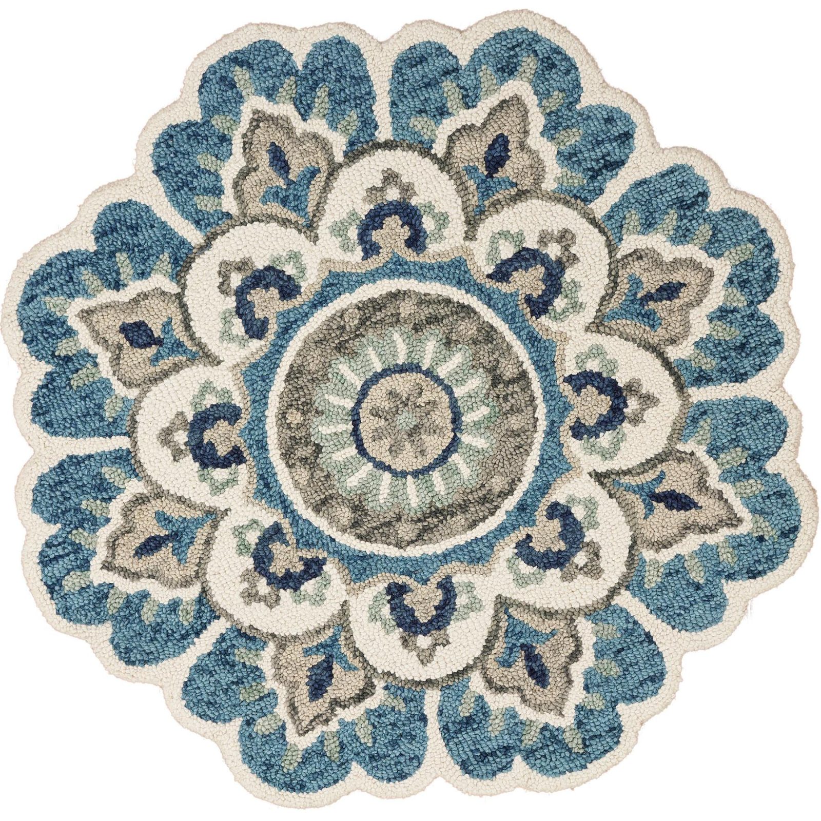 5′ Blue and Ivory Floral Hand Tufted Wool Round Rug