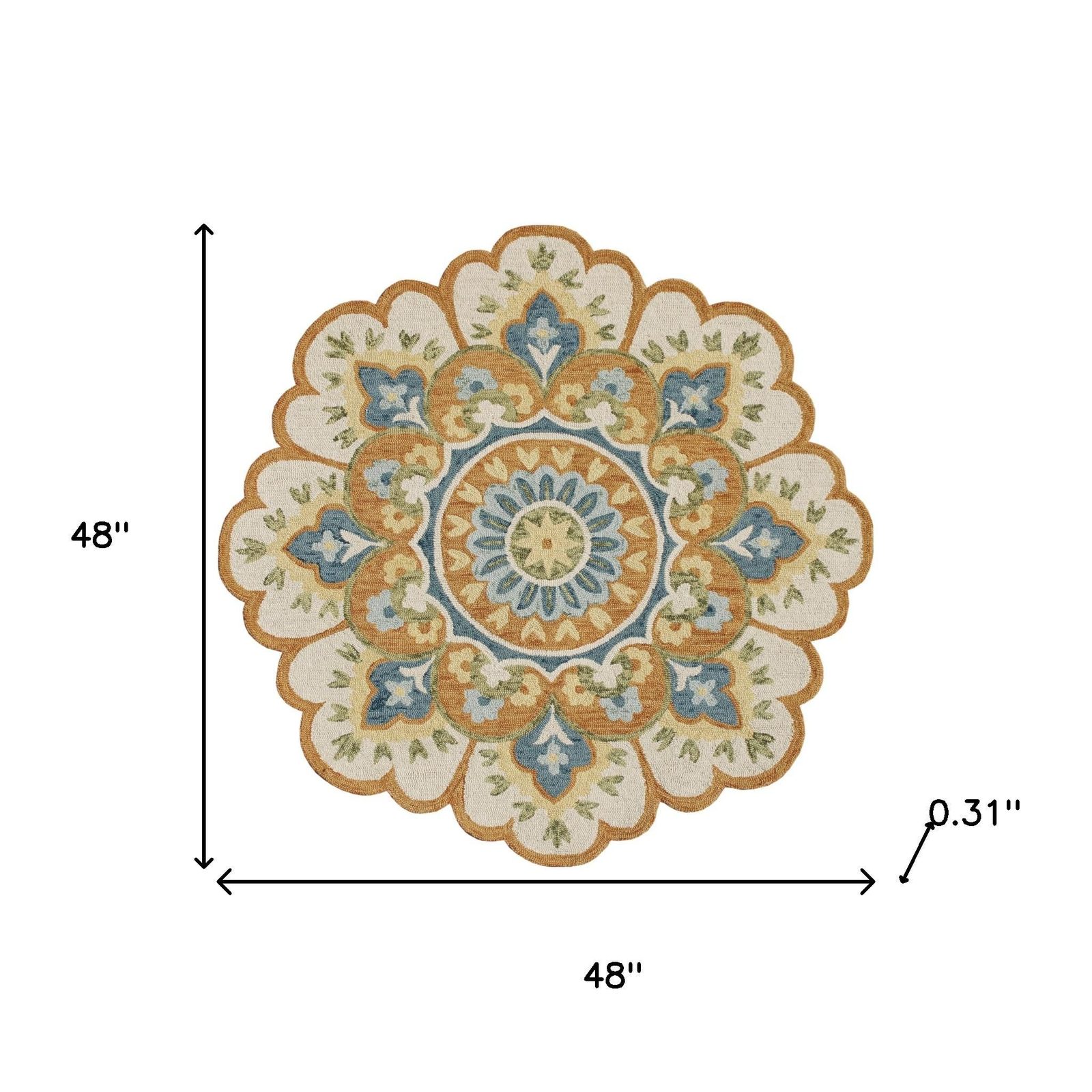 4′ Orange and Blue Round Wool Floral Hand Tufted Rug