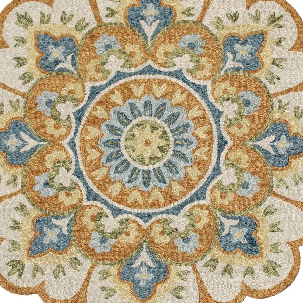 4′ Orange and Blue Round Wool Floral Hand Tufted Rug