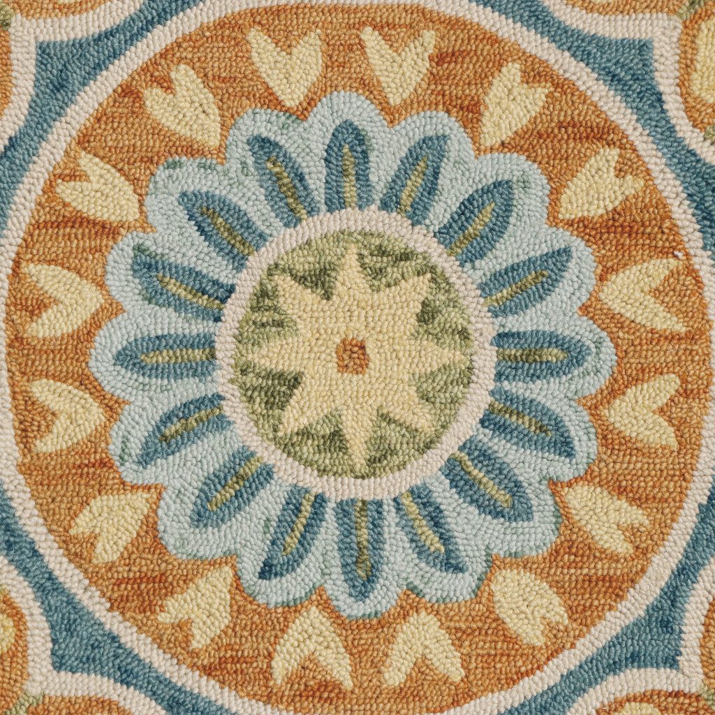 4′ Orange and Blue Round Wool Floral Hand Tufted Rug