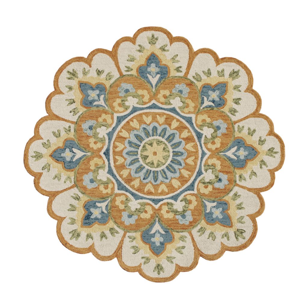 6′ Orange and Blue Round Wool Floral Hand Tufted Rug