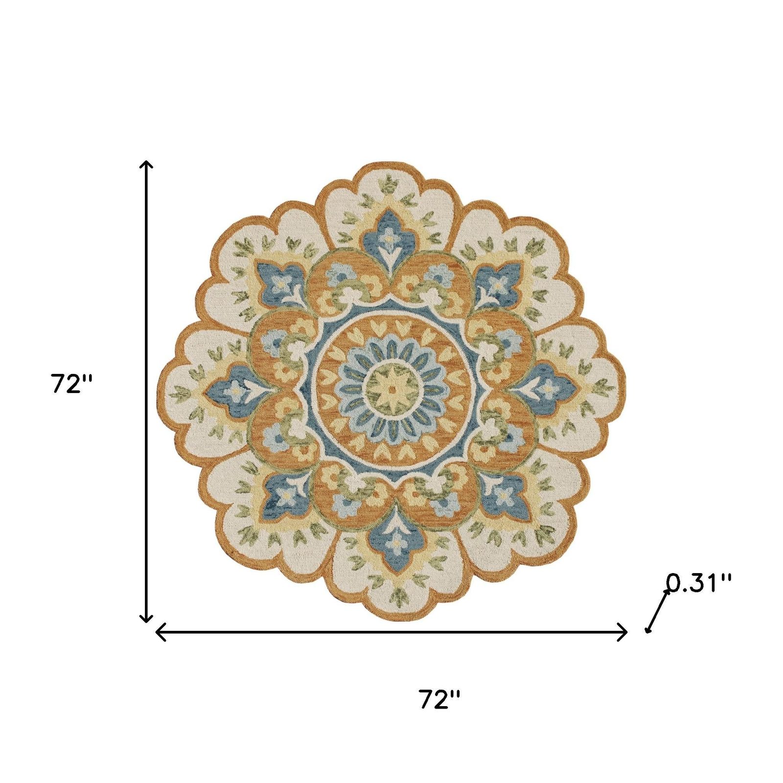 6′ Orange and Blue Round Wool Floral Hand Tufted Rug