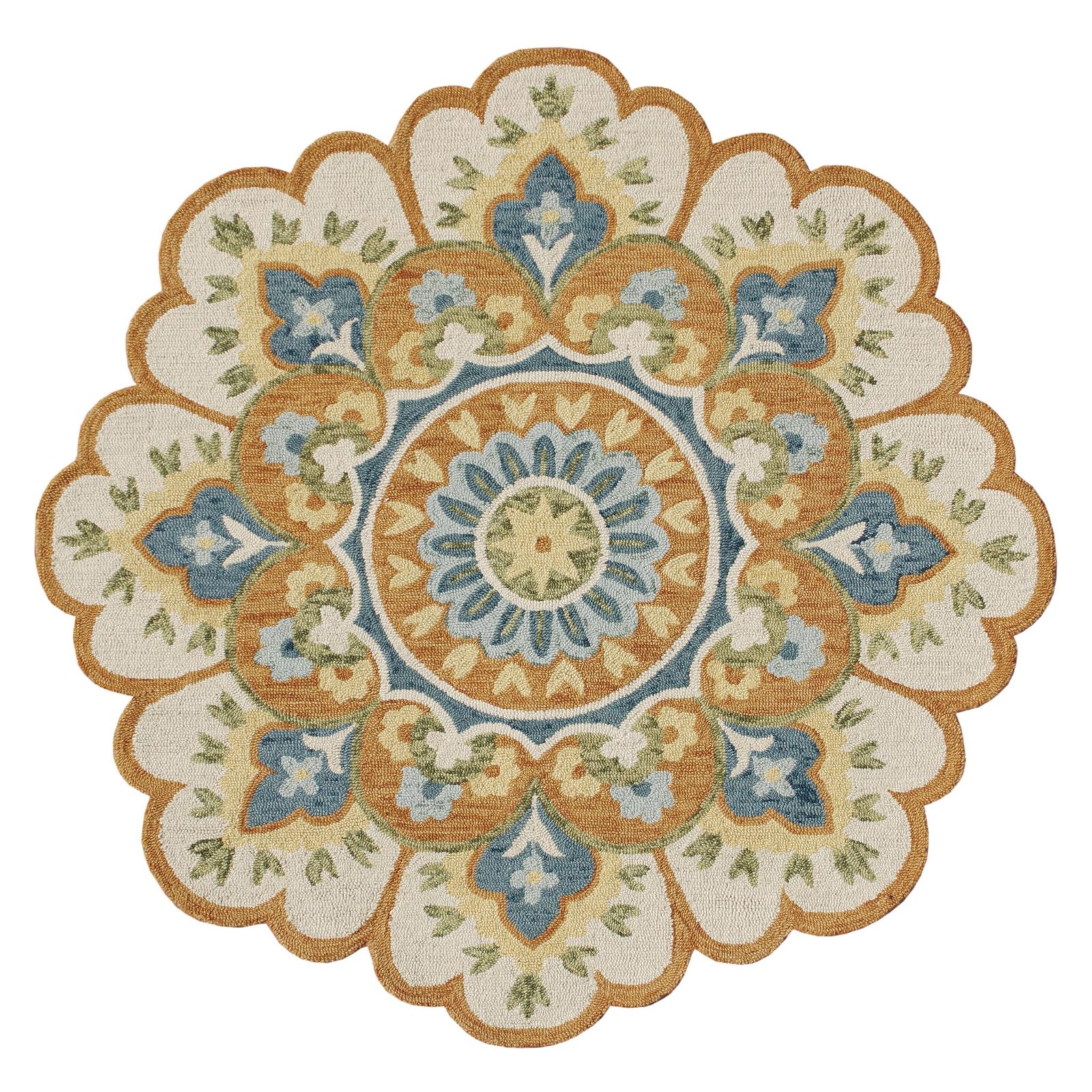 6′ Orange and Blue Round Wool Floral Hand Tufted Rug