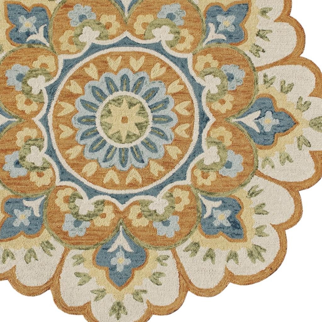 6′ Orange and Blue Round Wool Floral Hand Tufted Rug