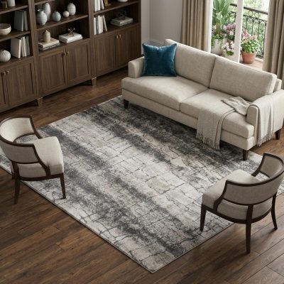 8′ X 10′ Charcoal Ivory Abstract Shag Distressed Area Rug