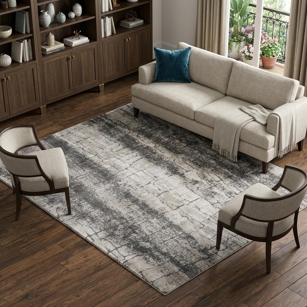 8′ X 10′ Charcoal Ivory Abstract Shag Distressed Area Rug