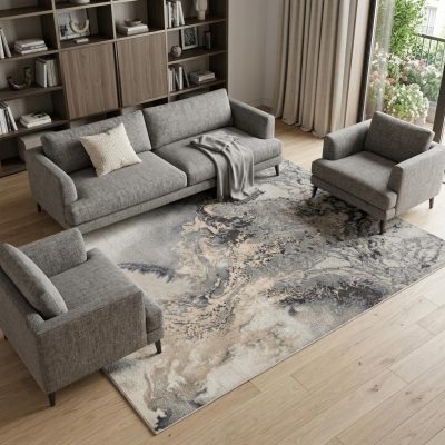 9′ X 13′ Gray Black and Ivory Abstract Area Rug