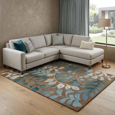 7′ X 9′ Blue and Brown Botanical Leaves Area Rug