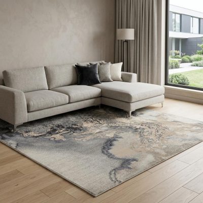 8′ X 11′ Gray Blue and Ivory Abstract Area Rug