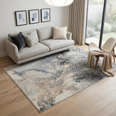 5′ X 7′ Gray Blue and Ivory Abstract Area Rug