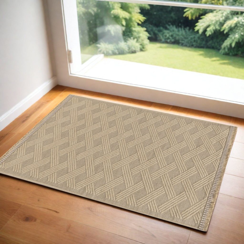 Geometric Jute Cotton Flatweave Non-Skid Area Rug With Fringe, 2′ × 4′