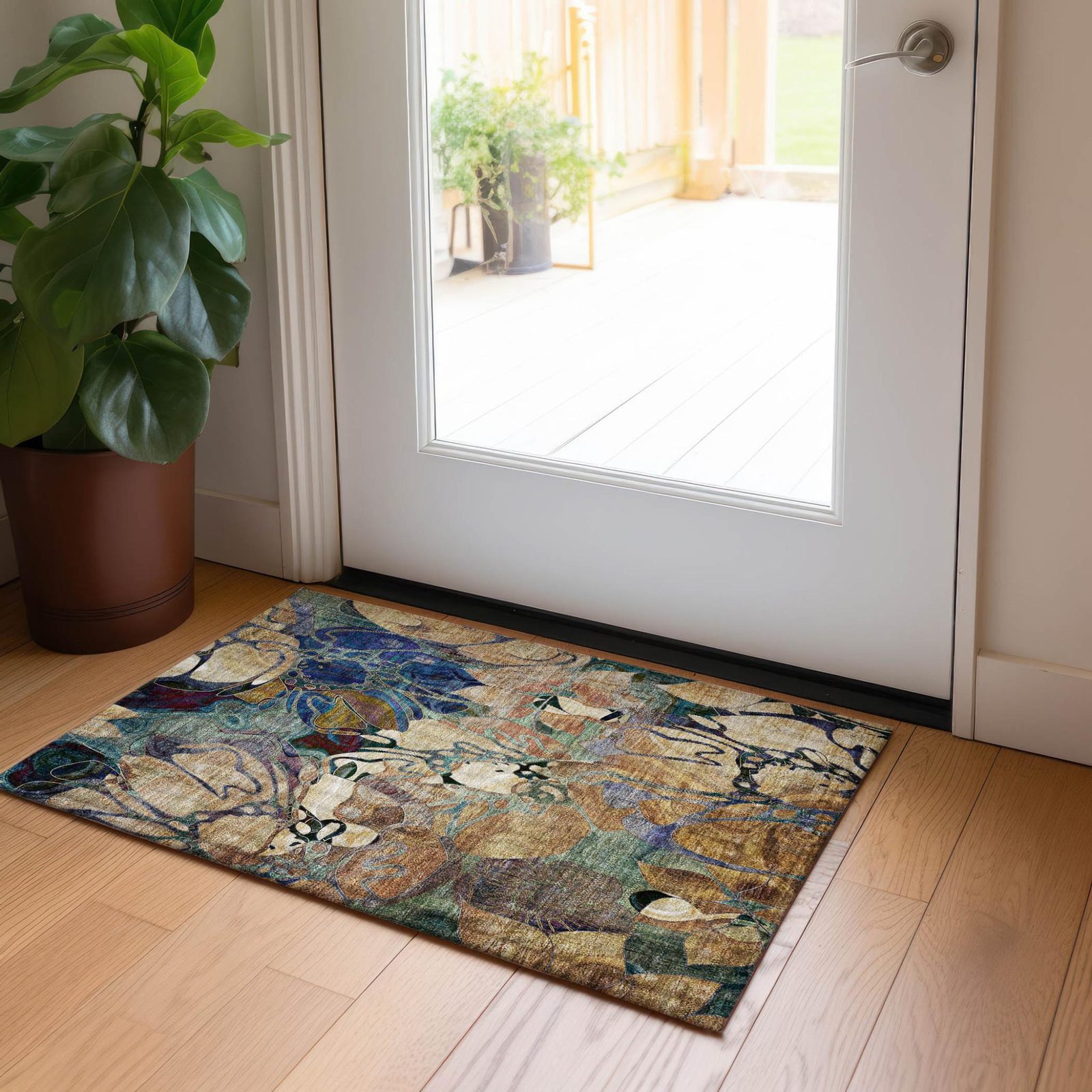 2′ X 3′ Beige and Blue Abstract Washable Area Rug
