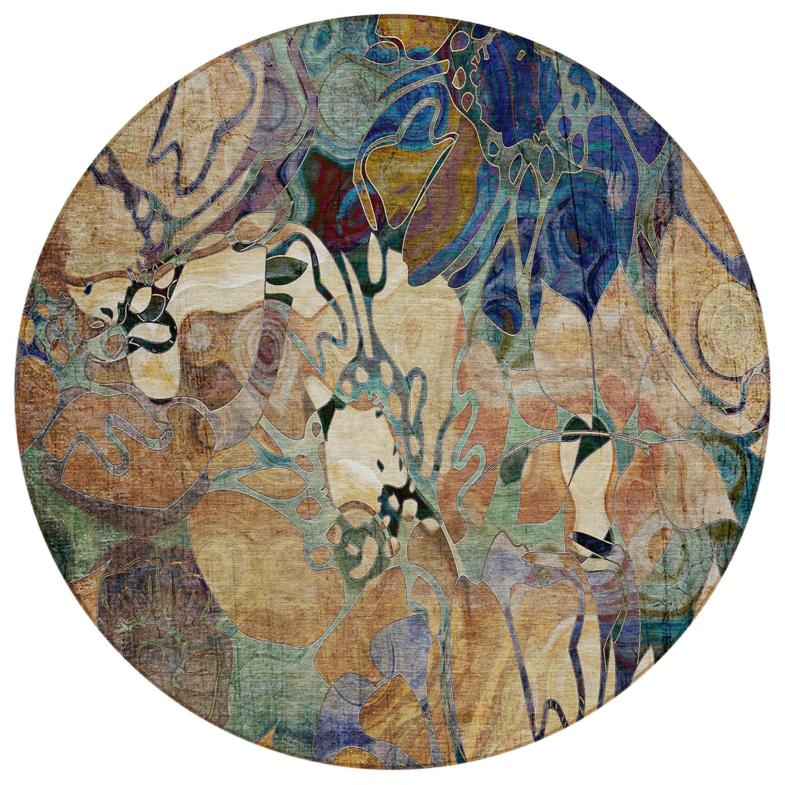 8′ X 8′ Beige and Blue Abstract Washable Round Rug