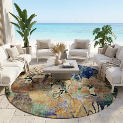 8′ X 8′ Beige and Blue Abstract Washable Round Rug