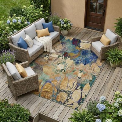 8′ X 10′ Beige and Blue Abstract Washable Area Rug