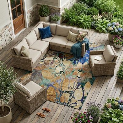 10′ X 14′ Beige and Blue Abstract Washable Area Rug