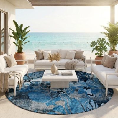 8′ X 8′ Blue and Gray Abstract Washable Round Rug