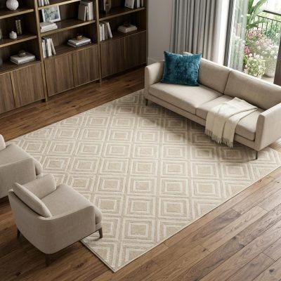 7′ X 9′ Beige Geometric Area Rug