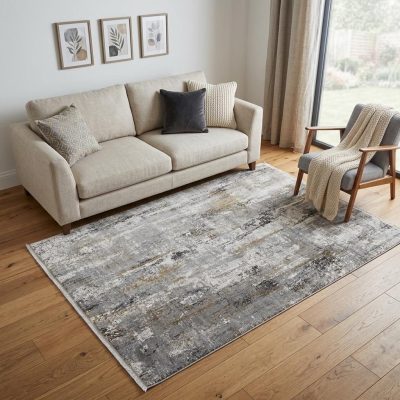 5′ X 8′ Gray Ivory Gold Abstract Fringe Area Rug