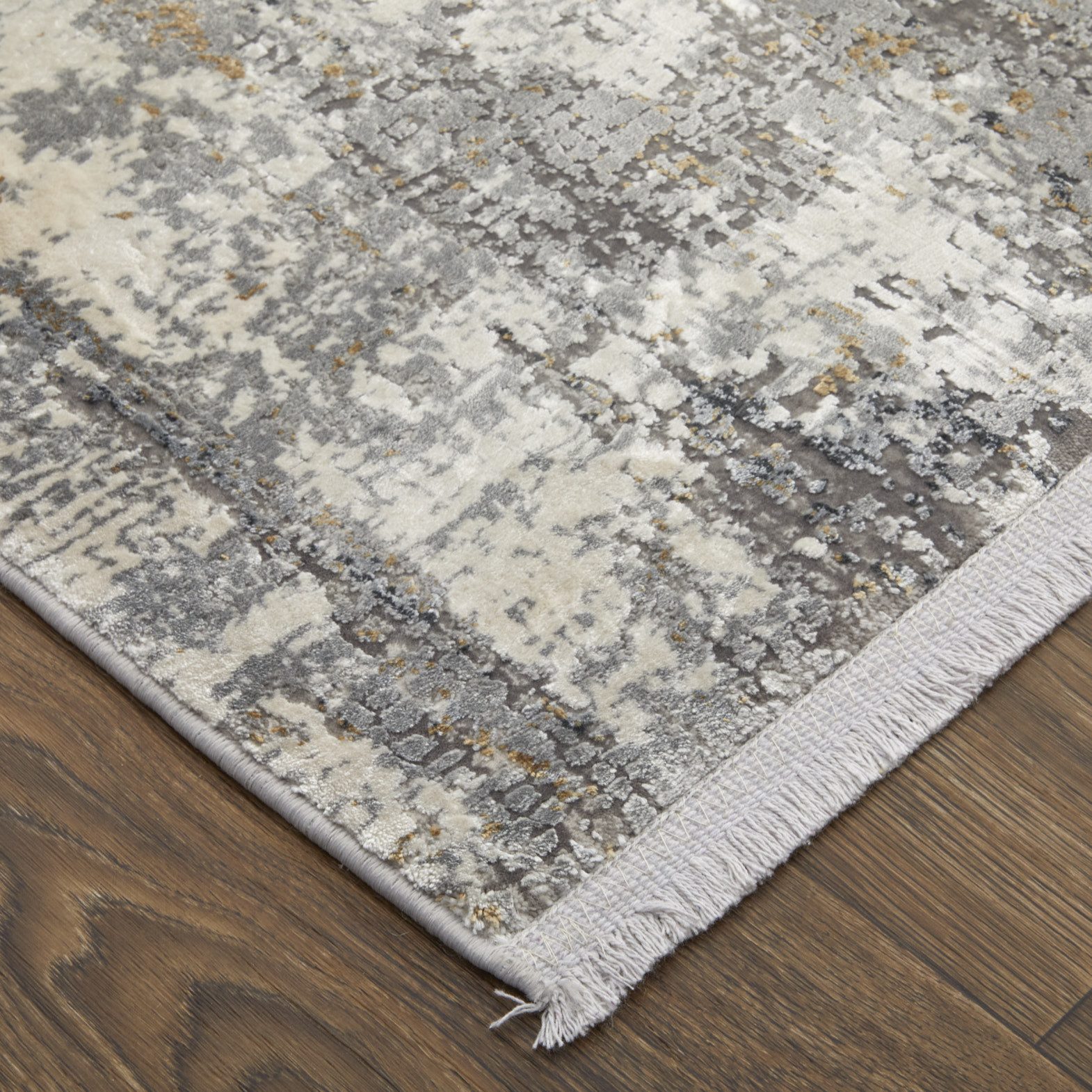 7′ X 10′ Gray Ivory Gold Abstract Fringe Area Rug