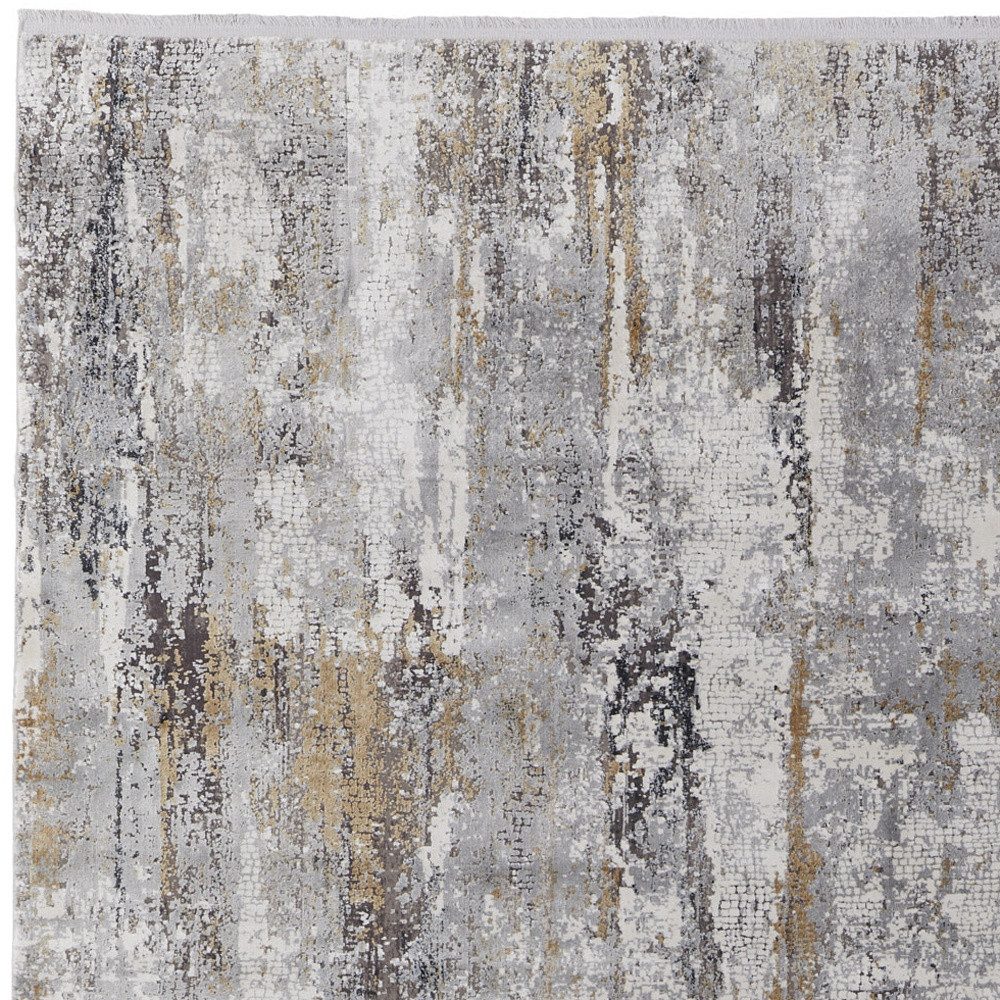 7′ X 10′ Gray Ivory Gold Abstract Fringe Area Rug