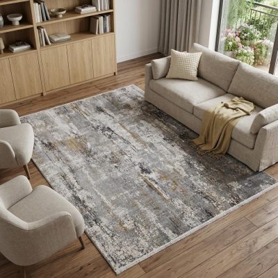 8′ × 11′ Gray Ivory Gold Abstract Fringe Area Rug