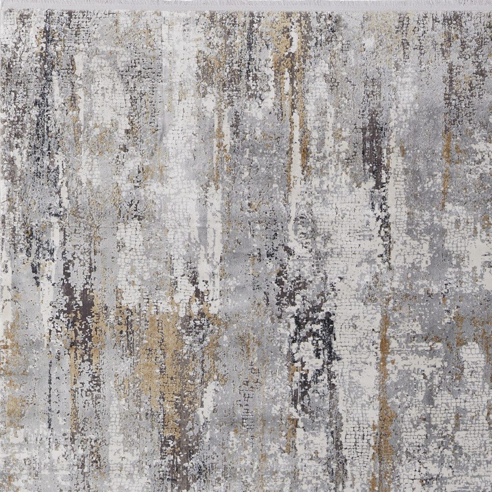 8′ X 11′ Gray Ivory Gold Abstract Fringe Area Rug