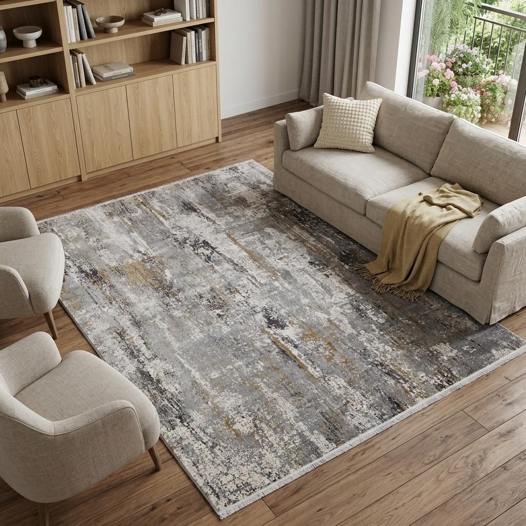 8′ X 11′ Gray Ivory Gold Abstract Fringe Area Rug