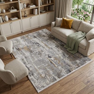 10′ X 13′ Gray Ivory Gold Abstract Fringe Area Rug