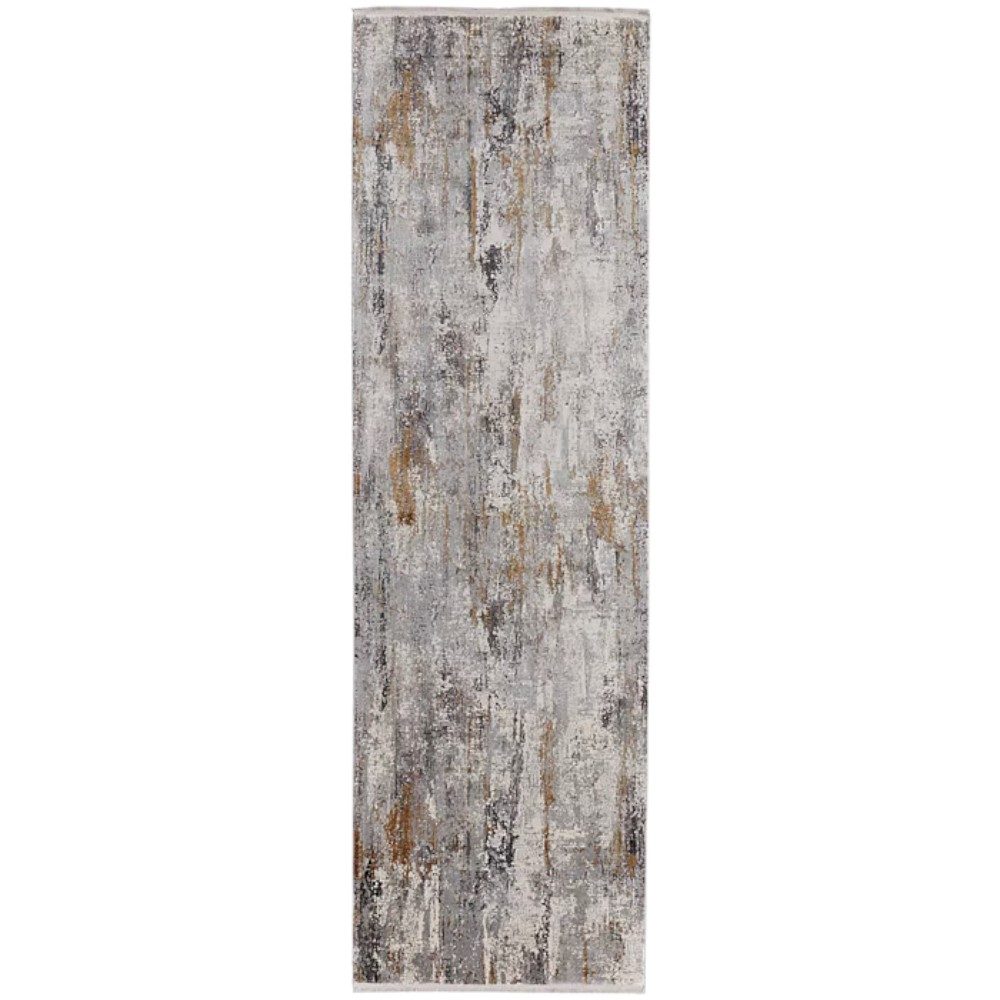 10′ Gray Ivory and Gold Abstract Runner Rug With Fringe