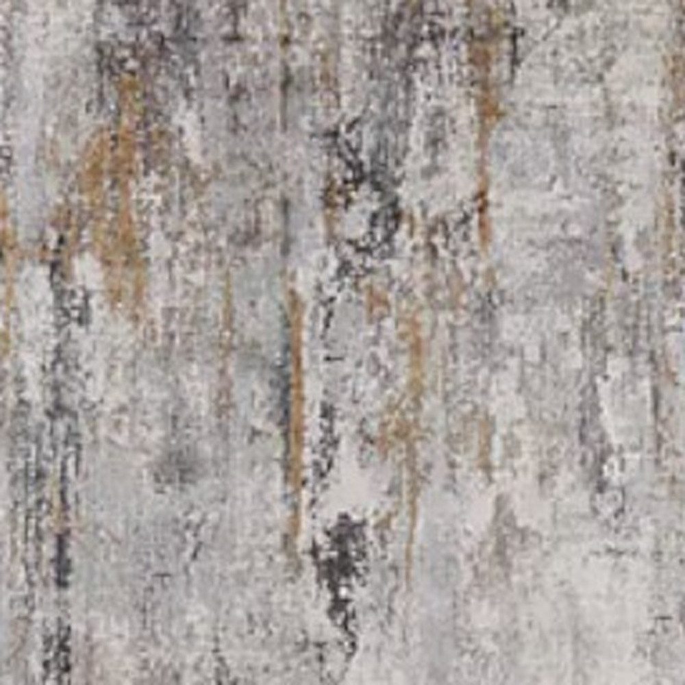 10′ Gray Ivory and Gold Abstract Runner Rug With Fringe