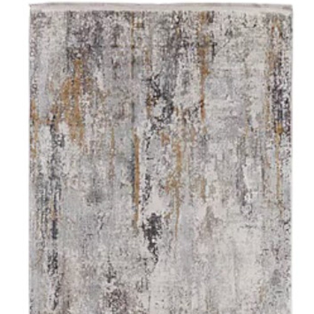 10′ Gray Ivory and Gold Abstract Runner Rug With Fringe