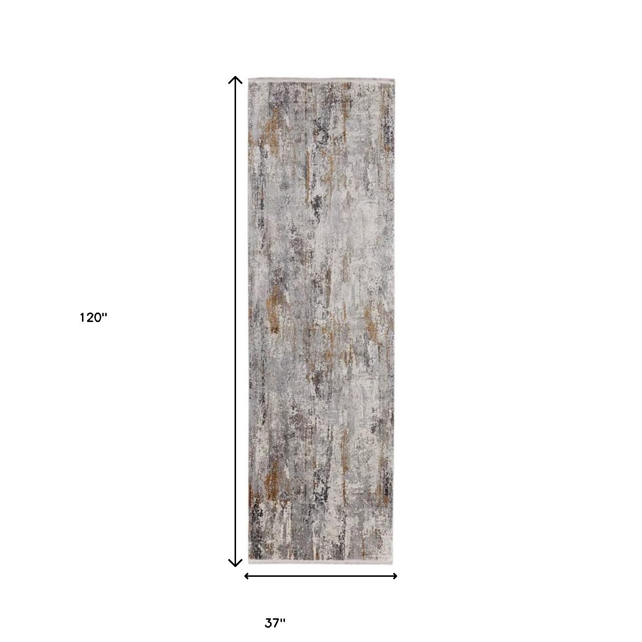 10′ Gray Ivory and Gold Abstract Runner Rug With Fringe