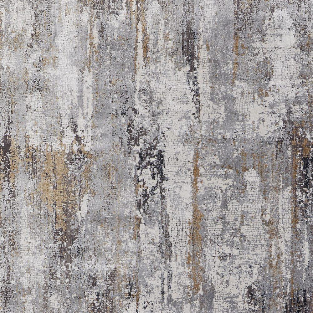 10′ Gray Ivory and Gold Abstract Runner Rug With Fringe
