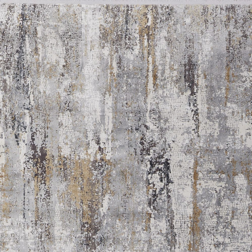 12′ X 18′ Gray Ivory Gold Abstract Fringe Area Rug