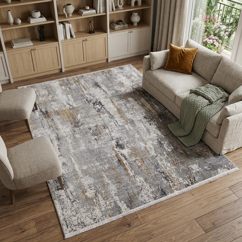 12′ X 18′ Gray Ivory Gold Abstract Fringe Area Rug