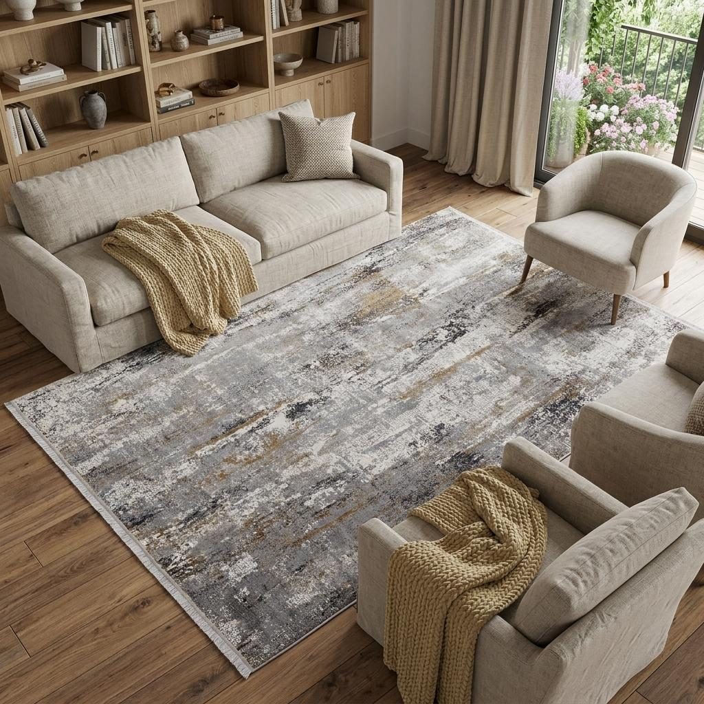 13′ X 20′ Gray Ivory Gold Abstract Fringe Area Rug