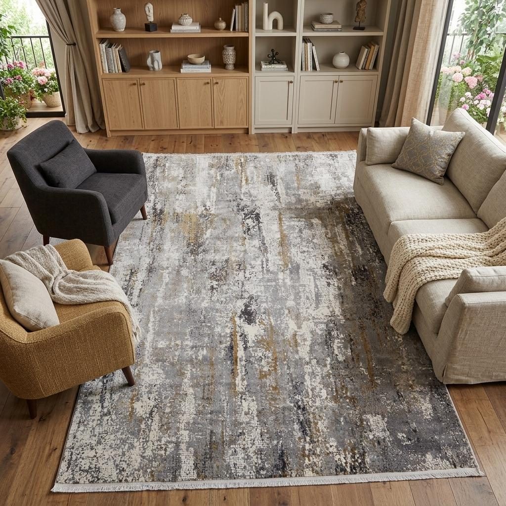 12′ X 15′ Gray Ivory Gold Abstract Fringe Area Rug