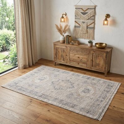 4′ X 6′ Tan and Gray Distressed Oriental Area Rug