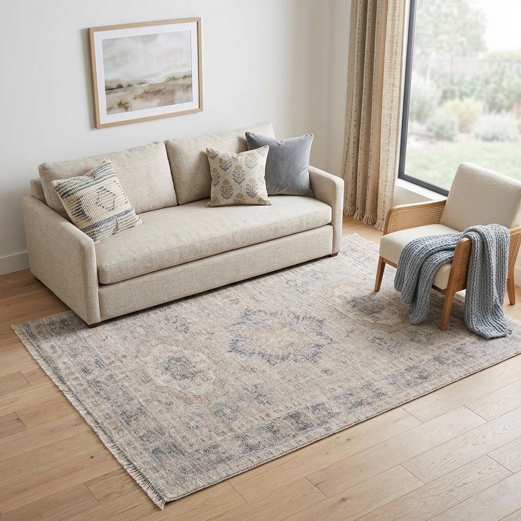 5′ X 8′ Tan and Gray Distressed Oriental Area Rug