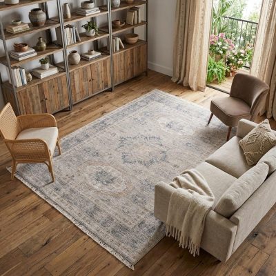 8′ X 10′ Tan and Gray Distressed Oriental Area Rug