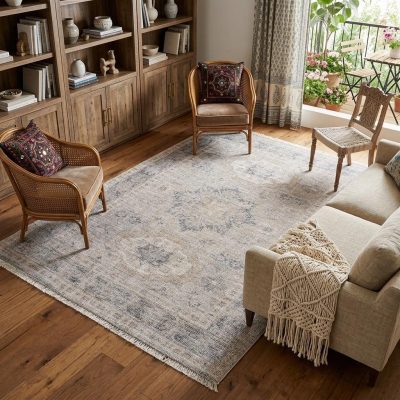 9′ × 12′ Tan and Gray Distressed Oriental Area Rug