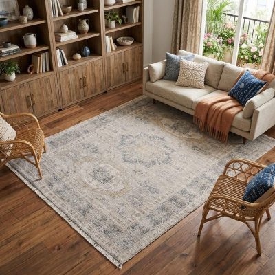 10′ X 14′ Tan and Gray Distressed Oriental Area Rug