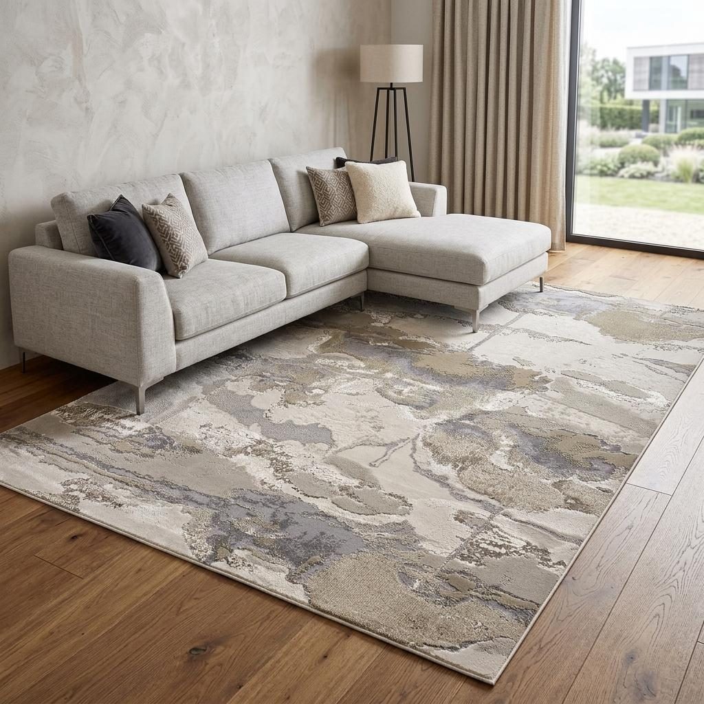 8′ X 10′ Ivory Brown and Gray Abstract Area Rug