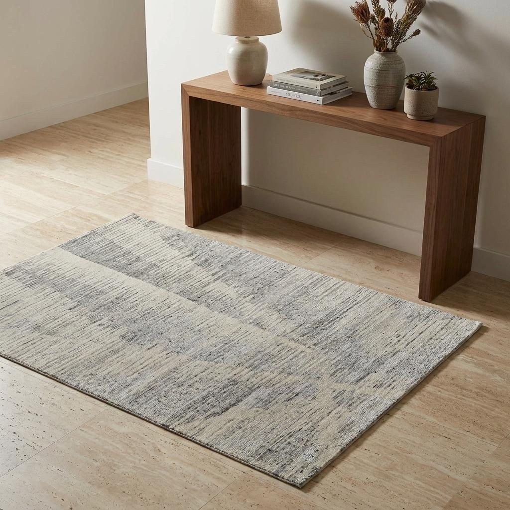 Silver and Ivory Striated Wool Rectangle Area Rug, 3′ × 5′
