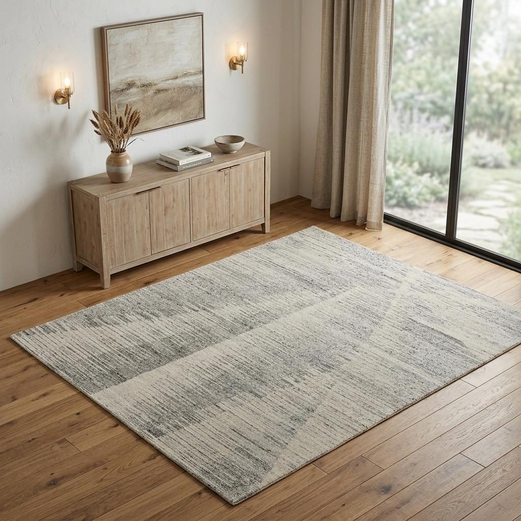 Silver and Ivory Striated Wool Rectangle Area Rug, 4′ × 6′