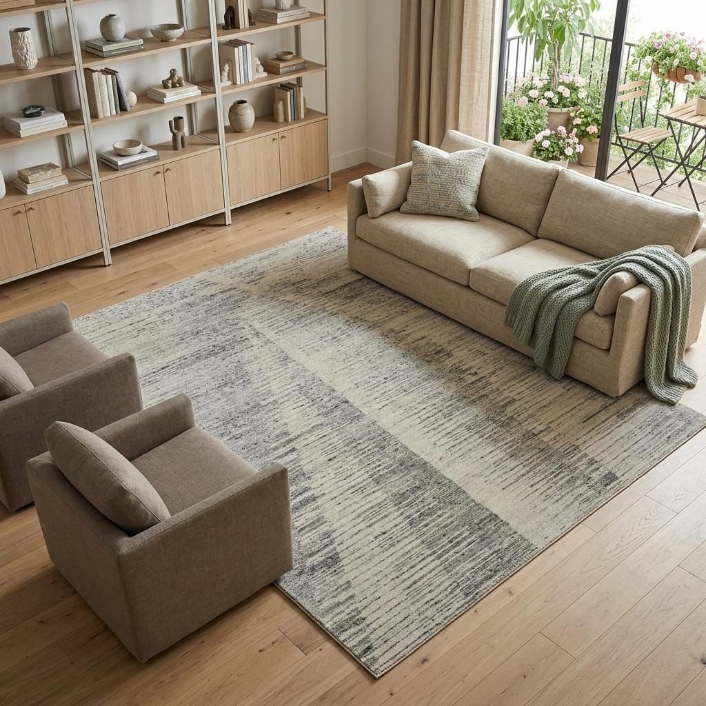 Silver and Ivory Striated Wool Rectangle Area Rug, 6′ × 9′