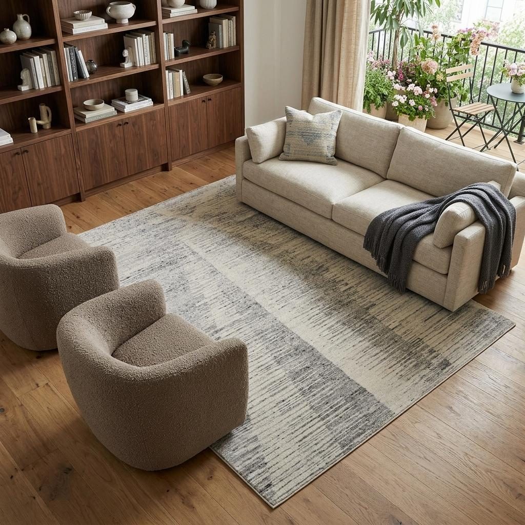Silver and Ivory Striated Wool Rectangle Area Rug, 9′ × 13′