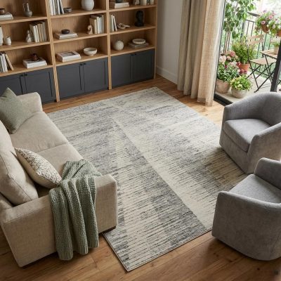 Silver and Ivory Striated Wool Rectangle Area Rug